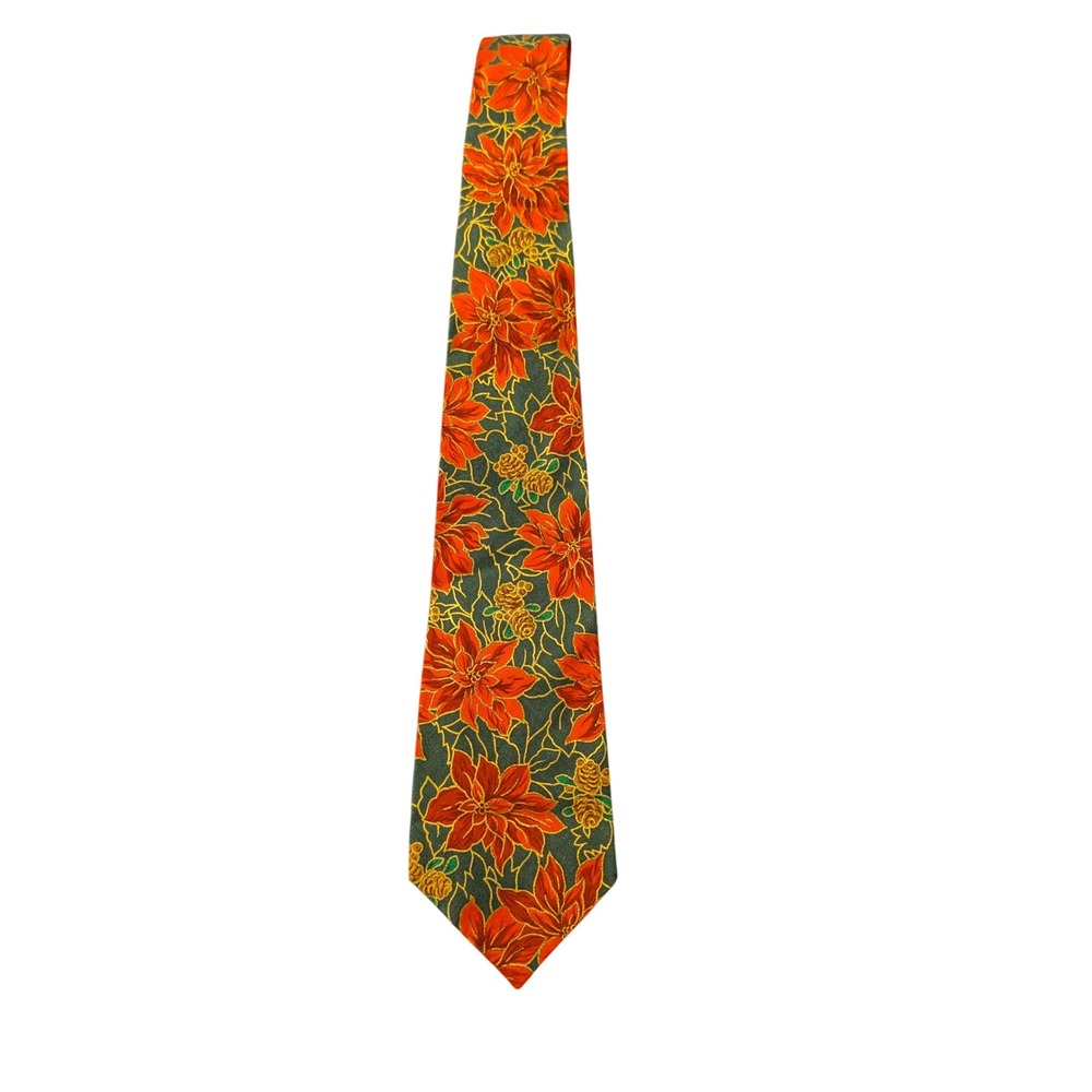 Amana Colonies Mens Christmas Poinsettia Tie Green Red Gold Holiday Floral Tie